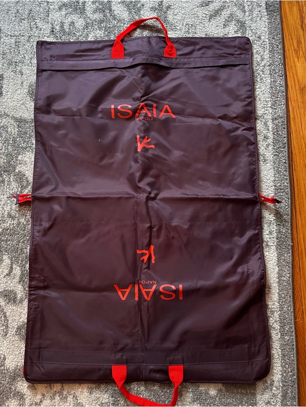 Isaia Burgundy Garment Bag with Red Logo and Handles